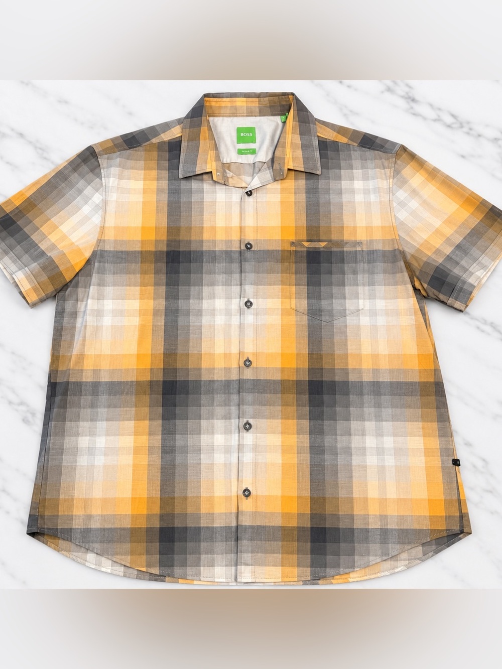 BOSS Men's Yellow & Gray Plaid Short Sleeve Shirt